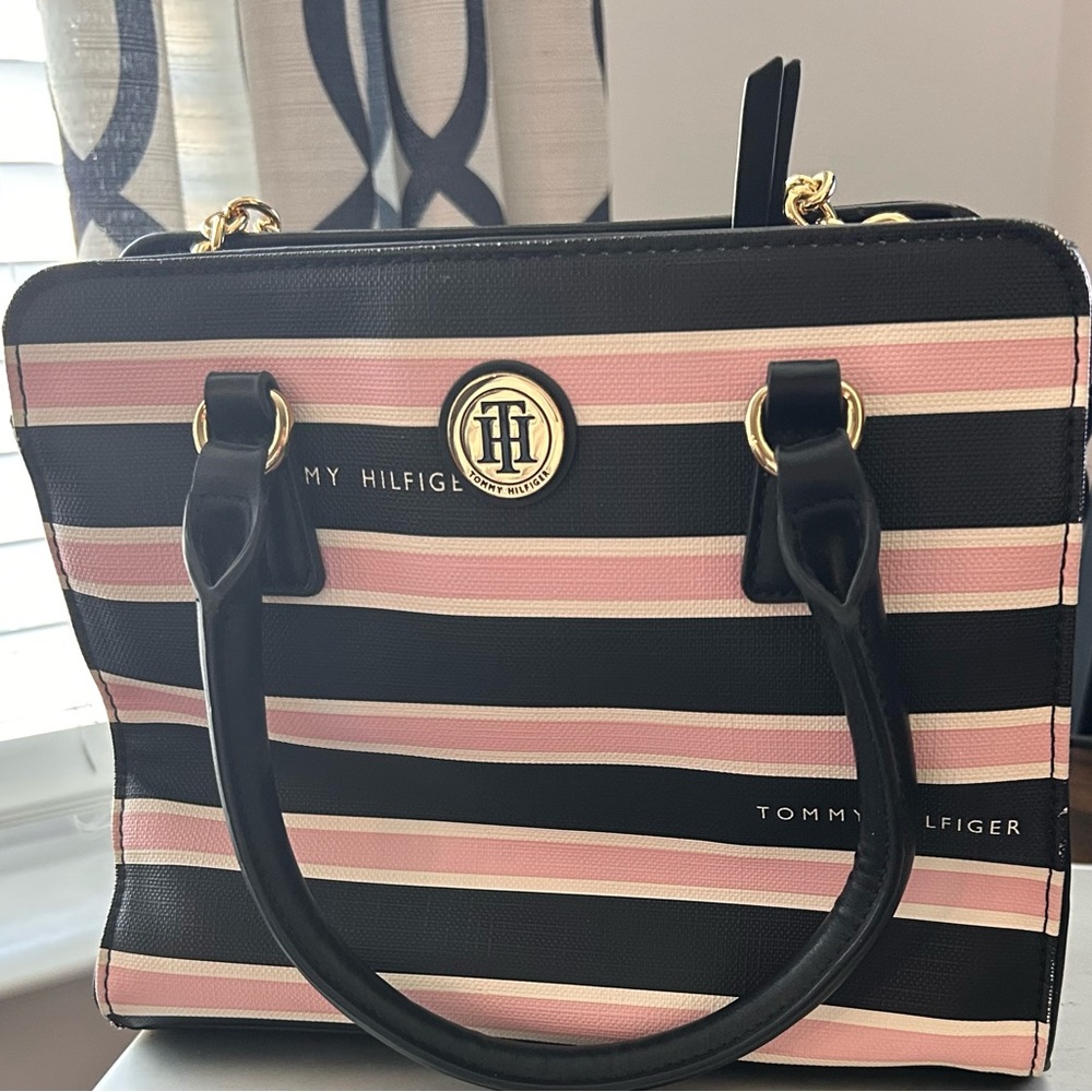 Tommy Hilfiger Black and Pink Striped Crossbody